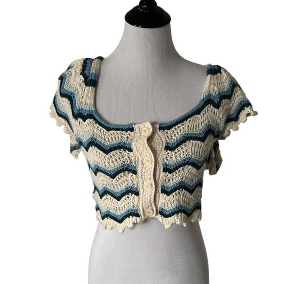 Zara Blue Wave Crochet Knit Top size M - Picture 2 of 7